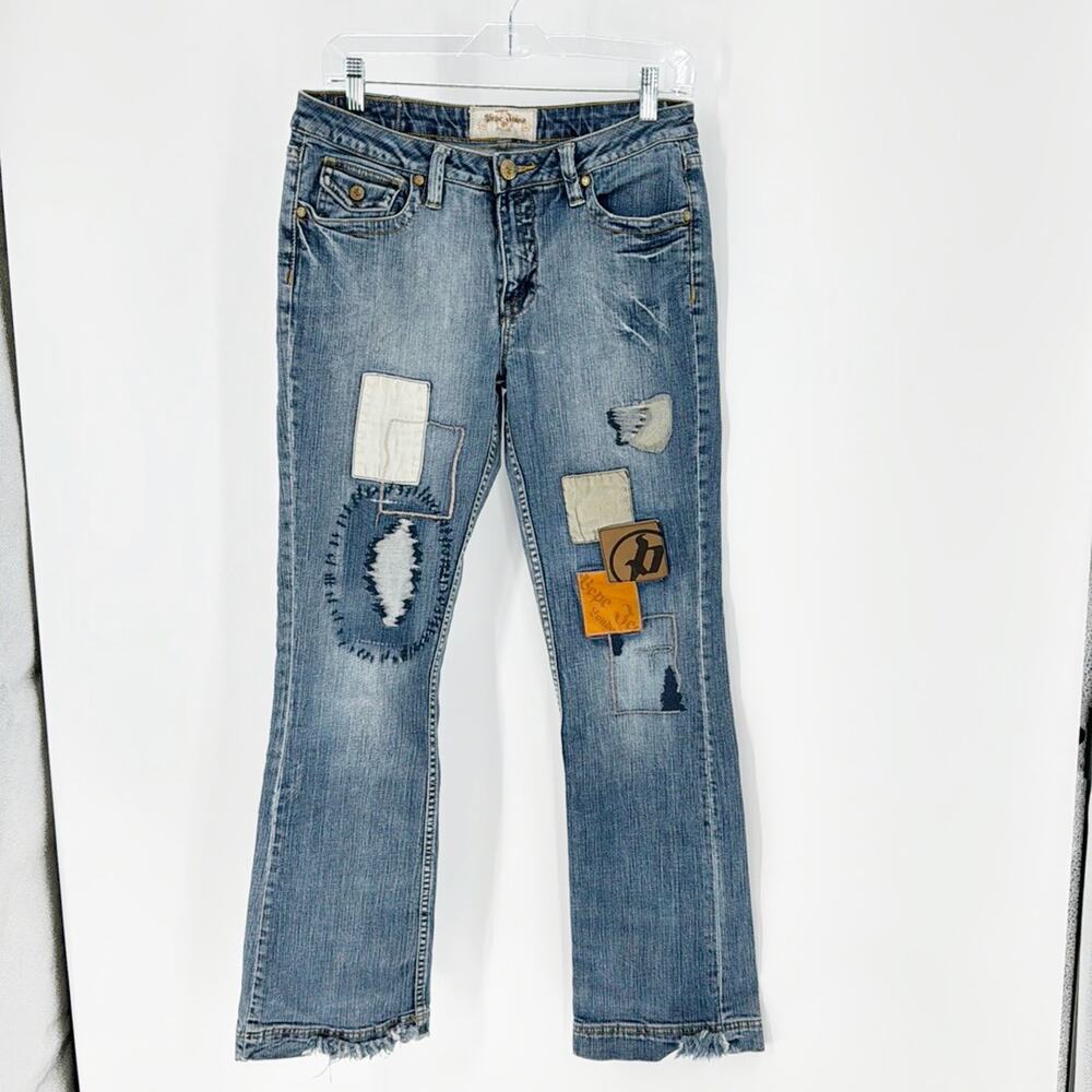 Vintage Pepe London patchwork distressed mid rise flare deans 90s size 30
